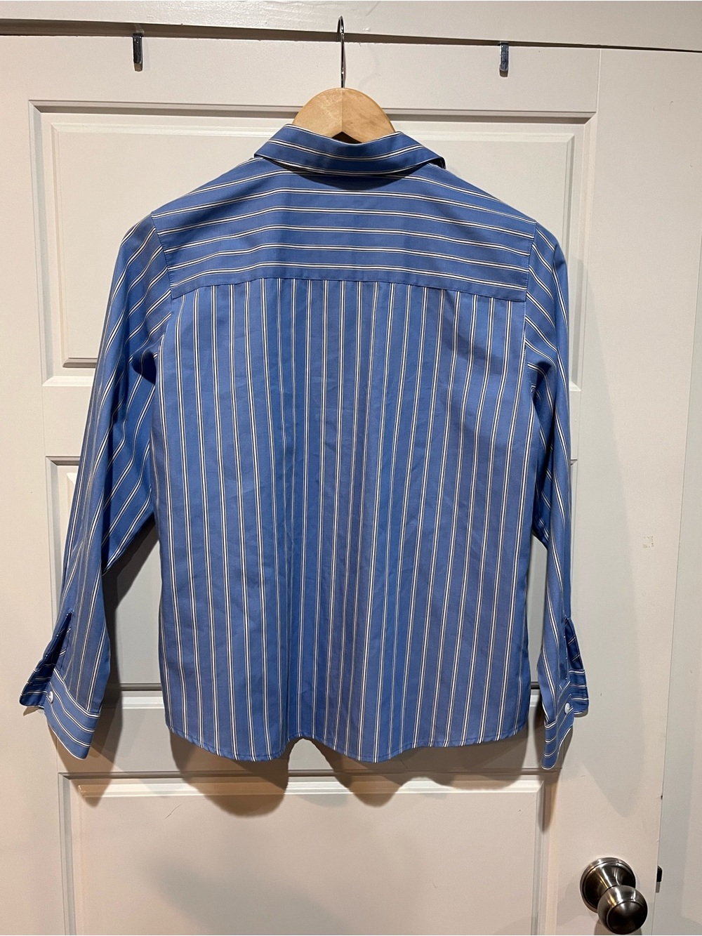 Foxcroft 4P Petite Blue Stripe Wrinkle Free Cotton Button Down Shirt - Picture 6 of 9
